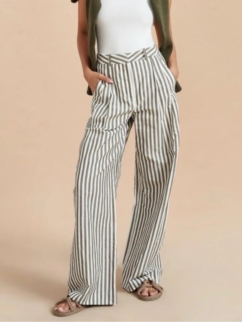 LA LIGNE Selby Linen Cotton Trousers in Striped Olive and White Wide Leg VGUC